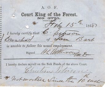 Document - ANCIENT ORDER OF FORESTERS NO. 3770 COLLECTION: MEDICAL CERTIFICATE