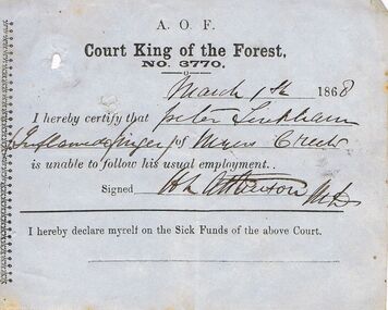 Document - ANCIENT ORDER OF FORESTERS NO. 3770 COLLECTION: MEDICAL CERTIFICATE