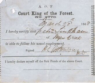 Document - ANCIENT ORDER OF FORESTERS NO. 3770 COLLECTION: MEDICAL CERTIFICATE