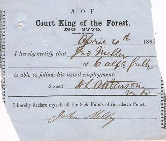Document - ANCIENT ORDER OF FORESTERS NO. 3770 COLLECTION: MEDICAL CERTIFICATE