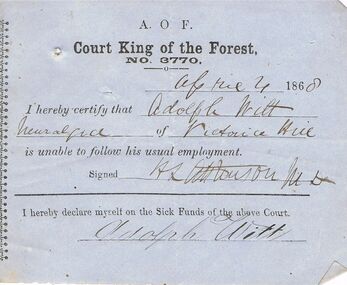 Document - ANCIENT ORDER OF FORESTERS NO. 3770 COLLECTION: MEDICAL CERTIFICATE