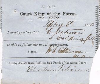 Document - ANCIENT ORDER OF FORESTERS NO. 3770 COLLECTION: MEDICAL CERTIFICATE