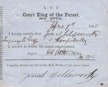 Document - ANCIENT ORDER OF FORESTERS NO. 3770 COLLECTION: MEDICAL CERTIFICATE