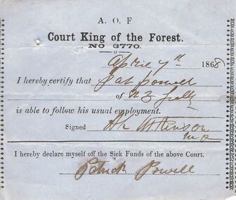 Document - ANCIENT ORDER OF FORESTERS NO. 3770 COLLECTION: MEDICAL CERTIFICATE