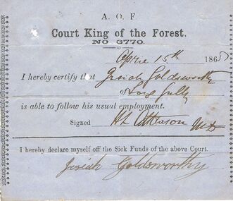 Document - ANCIENT ORDER OF FORESTERS NO. 3770 COLLECTION: MEDICAL CERTIFICATE