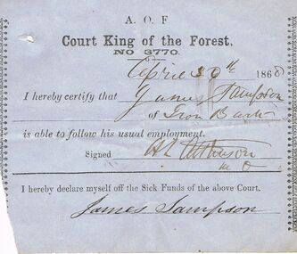 Document - ANCIENT ORDER OF FORESTERS NO. 3770 COLLECTION: MEDICAL CERTIFICATE