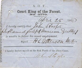 Document - ANCIENT ORDER OF FORESTERS NO. 3770 COLLECTION: MEDICAL CERTIFICATE