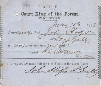 Document - ANCIENT ORDER OF FORESTERS NO. 3770 COLLECTION: MEDICAL CERTIFICATE