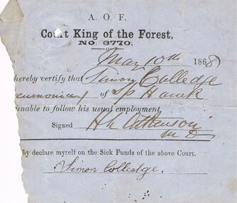 Document - ANCIENT ORDER OF FORESTERS NO. 3770 COLLECTION: MEDICAL CERTIFICATE