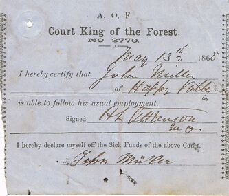 Document - ANCIENT ORDER OF FORESTERS NO. 3770 COLLECTION: MEDICAL CERTIFICATE