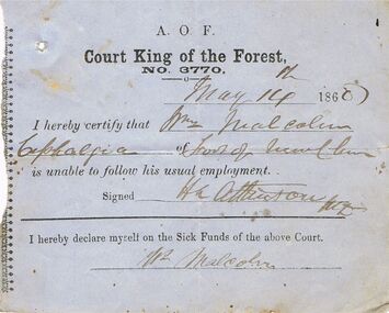 Document - ANCIENT ORDER OF FORESTERS NO. 3770 COLLECTION: MEDICAL CERTIFICATE