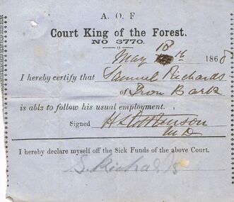 Document - ANCIENT ORDER OF FORESTERS NO. 3770 COLLECTION: MEDICAL CERTIFICATE