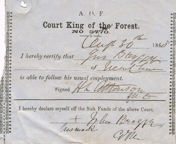 Document - ANCIENT ORDER OF FORESTERS NO 3770 COLLECTION: MEDICAL CERTIFICATE