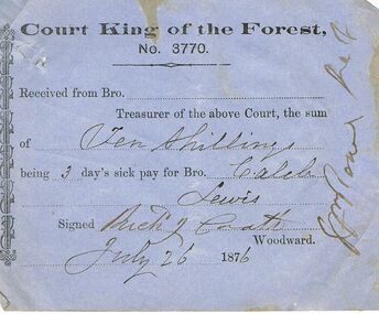 Document - ANCIENT ORDER OF FORESTERS NO 3770 COLLECTION: RECEIPT