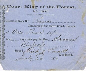 Document - ANCIENT ORDER OF FORESTERS NO 3770 COLLECTION: RECEIPT
