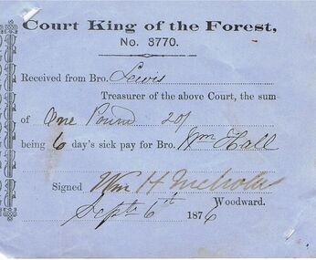 Document - ANCIENT ORDER OF FORESTERS NO 3770 COLLECTION: RECEIPT