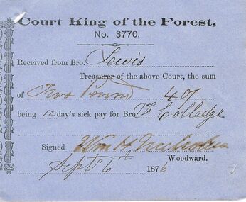 Document - ANCIENT ORDER OF FORESTERS NO 3770 COLLECTION: RECEIPT