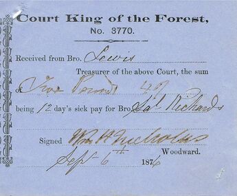 Document - ANCIENT ORDER OF FORESTERS NO 3770 COLLECTION: RECEIPT