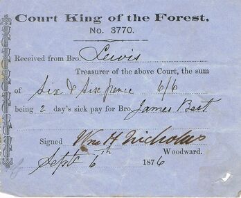 Document - ANCIENT ORDER OF FORESTERS NO 3770 COLLECTION: RECEIPT