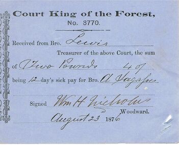 Document - ANCIENT ORDER OF FORESTERS NO 3770 COLLECTION: RECEIPT