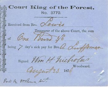 Document - ANCIENT ORDER OF FORESTERS NO 3770 COLLECTION: RECEIPT