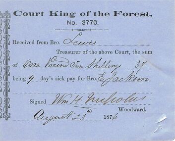 Document - ANCIENT ORDER OF FORESTERS NO 3770 COLLECTION: RECEIPT
