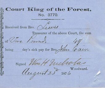 Document - ANCIENT ORDER OF FORESTERS NO 3770 COLLECTION: RECEIPT