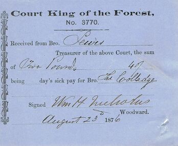 Document - ANCIENT ORDER OF FORESTERS NO 3770 COLLECTION: RECEIPT
