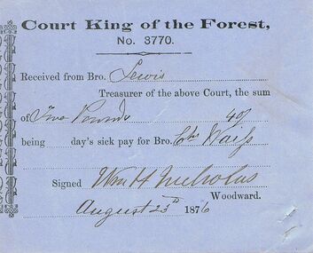 Document - ANCIENT ORDER OF FORESTERS NO 3770 COLLECTION: RECEIPT