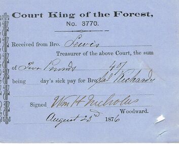 Document - ANCIENT ORDER OF FORESTERS NO 3770 COLLECTION: RECEIPT