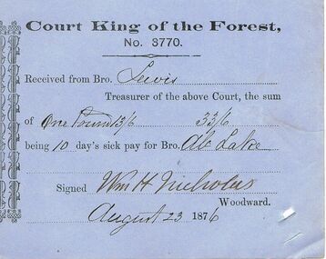 Document - ANCIENT ORDER OF FORESTERS NO 3770 COLLECTION: RECEIPT