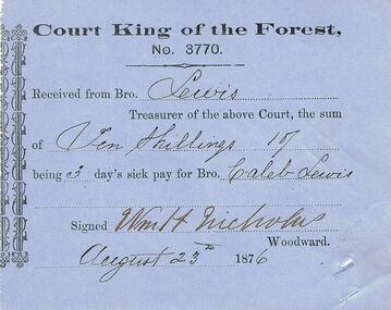 Document - ANCIENT ORDER OF FORESTERS NO 3770 COLLECTION: RECEIPT
