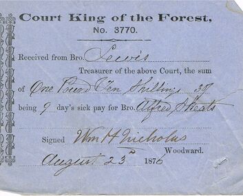 Document - ANCIENT ORDER OF FORESTERS NO 3770 COLLECTION: RECEIPT