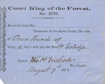Document - ANCIENT ORDER OF FORESTERS NO 3770 COLLECTION: RECEIPT