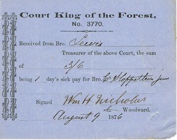Document - ANCIENT ORDER OF FORESTERS NO 3770 COLLECTION: RECEIPT
