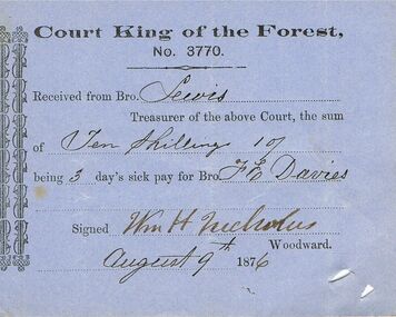 Document - ANCIENT ORDER OF FORESTERS NO 3770 COLLECTION: RECEIPT