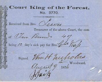 Document - ANCIENT ORDER OF FORESTERS NO 3770 COLLECTION: RECEIPT