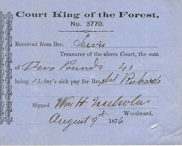 Document - ANCIENT ORDER OF FORESTERS NO 3770 COLLECTION: RECEIPT