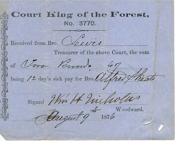 Document - ANCIENT ORDER OF FORESTERS NO 3770 COLLECTION: RECEIPT