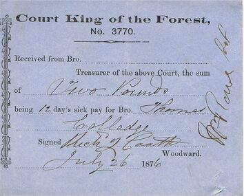 Document - ANCIENT ORDER OF FORESTERS NO 3770 COLLECTION: RECEIPT
