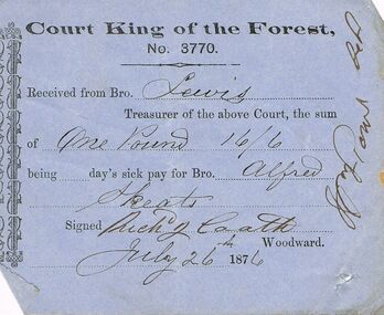 Document - ANCIENT ORDER OF FORESTERS NO 3770 COLLECTION: RECEIPT