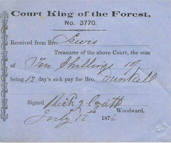 Document - ANCIENT ORDER OF FORESTERS NO 3770 COLLECTION: RECEIPT