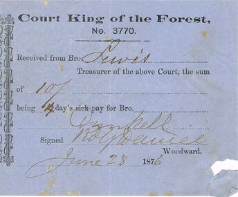 Document - ANCIENT ORDER OF FORESTERS NO 3770 COLLECTION: RECEIPT