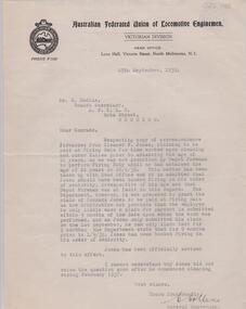 Document - BADHAM COLLECTION: LETTER C. COLLINS TO R. HUDDLE, BRANCH SECRETARY, A.F.U.L.E., BENDIGO