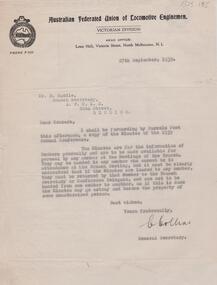 Document - BADHAM COLLECTION: LETTER C. COLLINS TO R. HUDDLE, BRANCH SECRETARY, A.F.U.L.E., BENDIGO