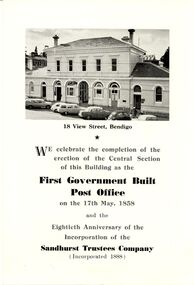 Document - BOOKLET, FIRST GOVERNMENT BUILT POST OFFICE, BENDIGO