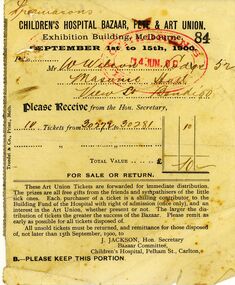 Document - CHILDREN'S HOSPITAL BAZAAR, RECEIPT FOR TICKETS, 1900