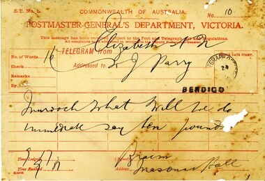 Document - JUNE PARRY COLLECTION: TELEGRAM FROM ELIZABETH ST NORTH TO J PARRY, 1924