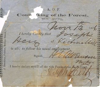Document - ANCIENT ORDER OF FORESTERS NO 3770 COLLECTION: DOCTOR'S CERTIFICATE