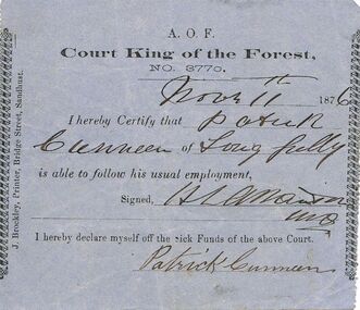 Document - ANCIENT ORDER OF FORESTERS NO 3770 COLLECTION: DOCTOR'S CERTIFICATE